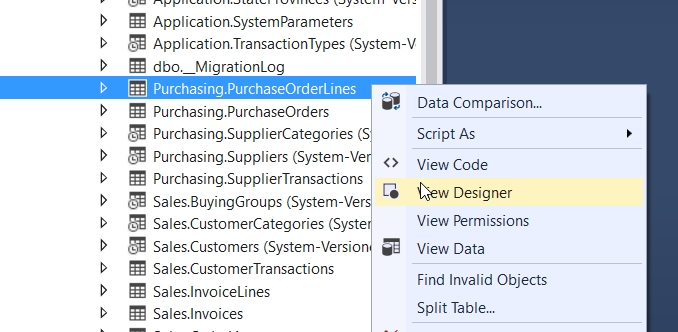 In the Tables folder, Purchasing.PurchaseOrderLines is selected. From its right-click menu, View Designer is selected.